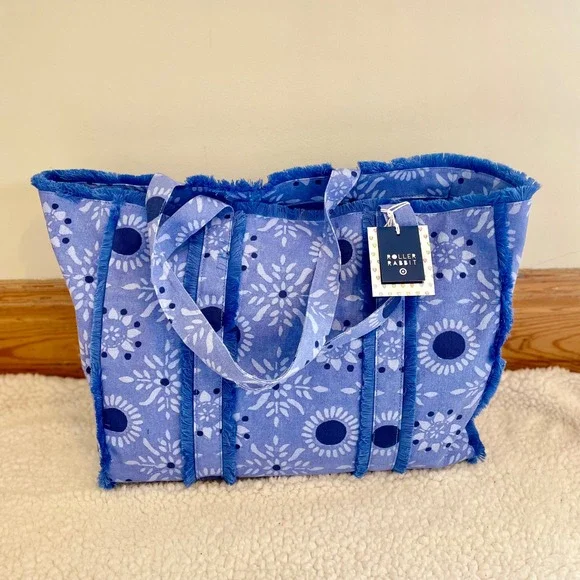 Roller Rabbit x Target Star Medallion Fringe Canvas Tote Bag Blue New With Tags - Picture 1 of 5